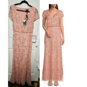 Adrianna Papell V-Neck Beaded Short-Sleeve Gown in Peachy Coral Coast Size 8